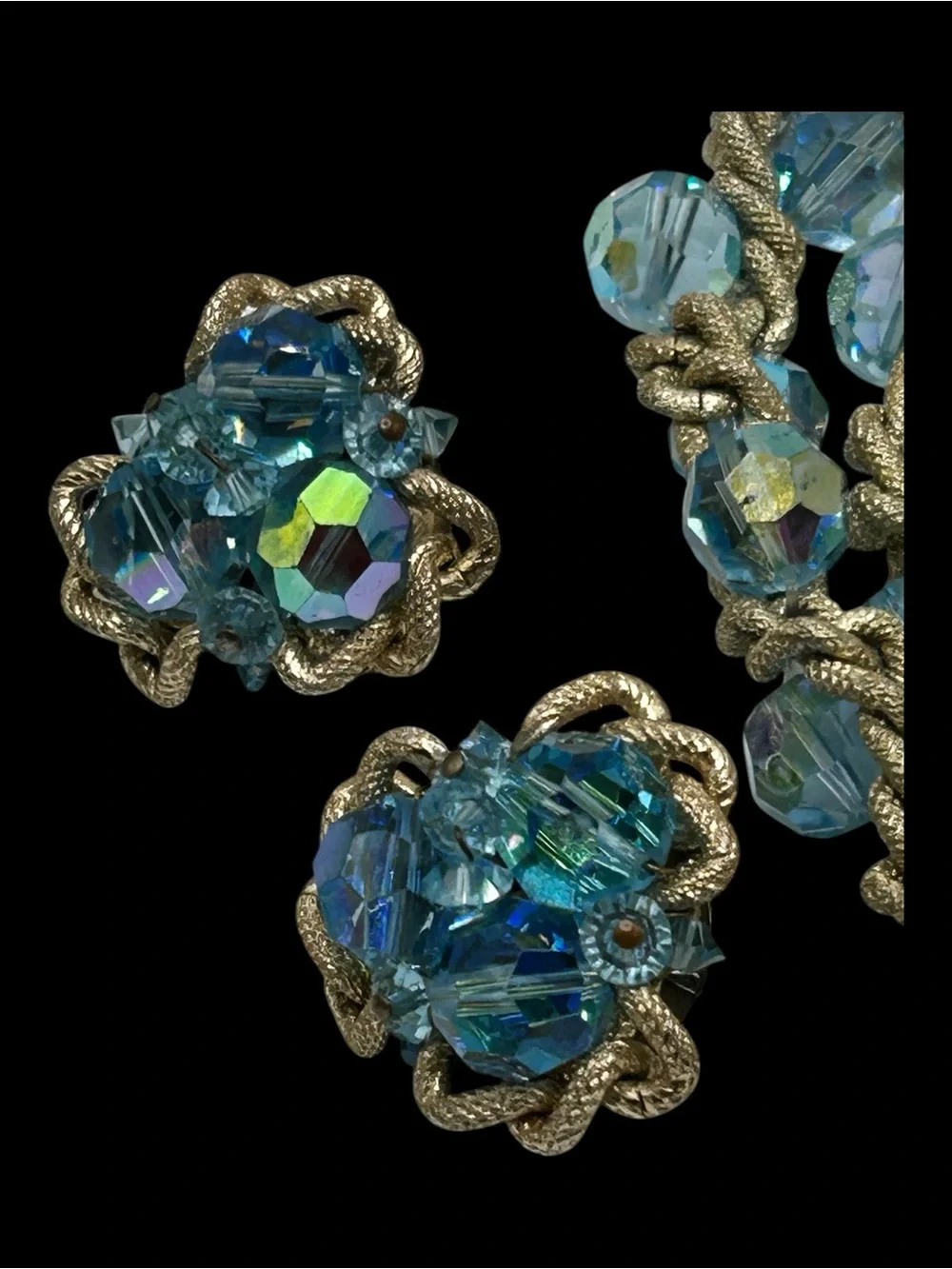 Vintage Blue AB Glass Bead Woven Chain Necklace Earring Set